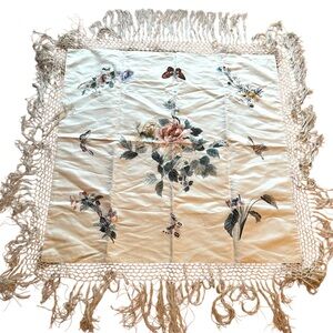 Edwardian wrap Silk hand embroidered boudoir decor fringe Antique Piano Shawl